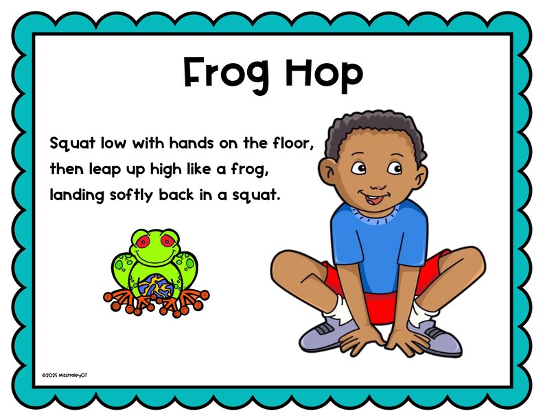 Peut inclure: Illustration d'un enfant accroupi avec les mains sur le sol, puis sautant haut comme une grenouille, atterrissant doucement en position accroupie. L'illustration comprend une grenouille verte aux yeux rouges.