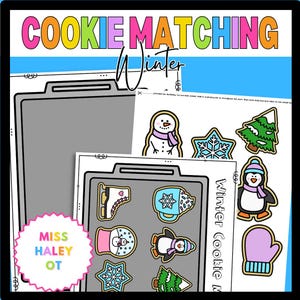 May include: A printable winter cookie matching activity. The image shows a sheet of cookies with winter themes, including a snowman, a penguin, a snowflake, a mitten, a hot chocolate mug, a snow globe, a Christmas tree, and ice skates. The text "Winter Cookie Matching" is at the top of the page.