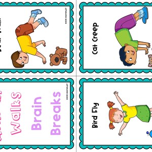 Peut inclure: Quatre cartes color&eacute;es avec des activit&eacute;s de mouvement animal pour les enfants. Les cartes pr&eacute;sentent des illustrations d'un ours, d'un chat, d'un oiseau et un titre pour chaque carte : "Bear Walk", "Cat Creep", "Bird Fly", et "Animal Walks Brain Breaks".