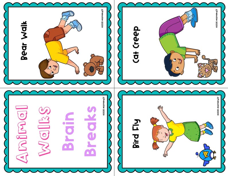 Peut inclure: Quatre cartes color&eacute;es avec des activit&eacute;s de mouvement animal pour les enfants. Les cartes pr&eacute;sentent des illustrations d'un ours, d'un chat, d'un oiseau et un titre pour chaque carte : "Bear Walk", "Cat Creep", "Bird Fly", et "Animal Walks Brain Breaks".