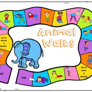 Peut inclure: Un plateau de jeu color&eacute; avec une illustration d'&eacute;l&eacute;phant au centre. Le plateau a un chemin avec diff&eacute;rentes poses d'animaux que les joueurs doivent suivre. Le texte sur le plateau indique "Animal Walks", "Avancer de 2 cases", "Reculer de 2 cases", "D&eacute;part" et "Fin".