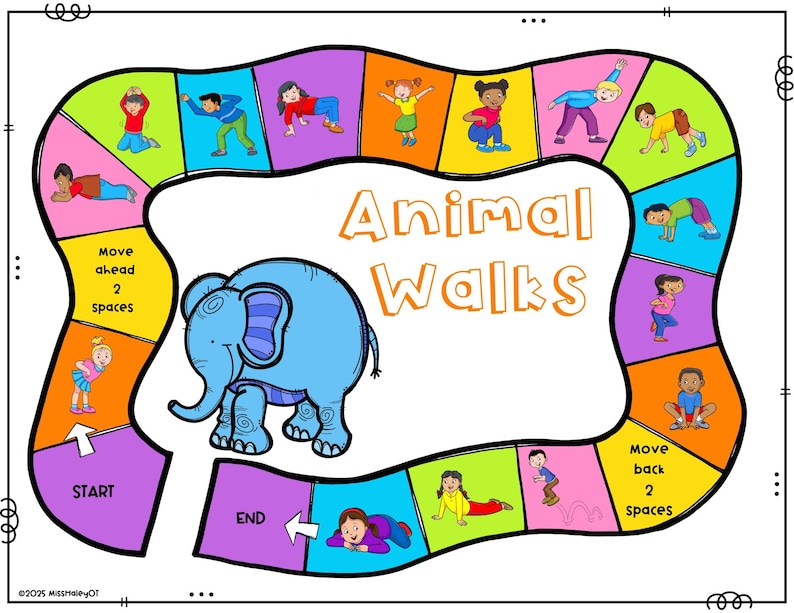 Peut inclure: Un plateau de jeu color&eacute; avec une illustration d'&eacute;l&eacute;phant au centre. Le plateau a un chemin avec diff&eacute;rentes poses d'animaux que les joueurs doivent suivre. Le texte sur le plateau indique "Animal Walks", "Avancer de 2 cases", "Reculer de 2 cases", "D&eacute;part" et "Fin".