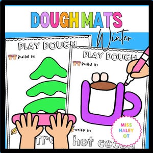 May include: Two printable play dough mats with winter themes. The first mat shows a green Christmas tree with the words "Play Dough" and "Build it: tree". The second mat shows a purple mug with the words "Play Dough" and "Build it: hot cocoa".