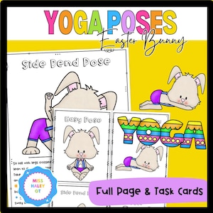 May include: A set of printable yoga pose cards featuring an Easter bunny in different poses. The cards include the names of the poses, such as "Side Bend Pose" and "Easy Pose". The cards are designed for children and include a colorful "Yoga" banner.