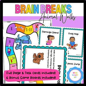 Op de afbeelding: Een kleurrijk spelbord met een speelstuk in de vorm van een olifant. Het spelbord heeft een roze achtergrond met een blauwe en groene rand. Het spelbord heeft de woorden "Brain Breaks Animal Walks" bovenaan. Het spelbord heeft de woorden "Start" en "End" op het bord. Het spelbord heeft de woorden "Move ahead 2 spaces" op het bord. Het spelbord heeft de woorden "Full Page & Task Cards included! 6 Bonus Game Boards included!" onderaan.