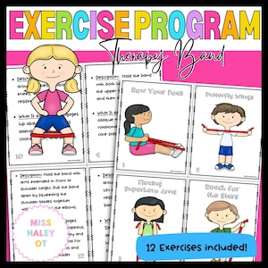 May include: A set of 12 illustrated cards featuring children performing exercises with a resistance band. Each card includes a description of the exercise and its benefits. The cards are titled "Exercise Program Therapy Band" and include exercises such as "Row Your Boat", "Butterfly Wings", "Flexing Superhero Arms", and "Reach for the Stars".