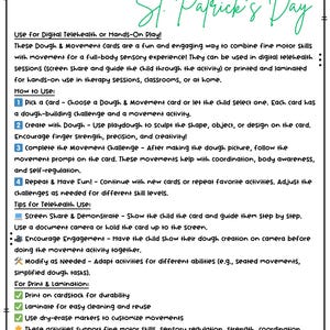 May include: A printable Dough & Movement Pages activity sheet for St. Patrick's Day. The sheet includes instructions for use in digital telehealth or hands-on play, with steps for creating dough art and movement challenges. It supports fine motor skills and sensory regulation.