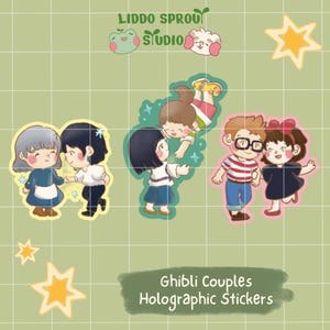 May include: A set of three die-cut stickers featuring illustrated couples in a cartoon style. The text LIDDO SPROUT STUDIO is at the top, and Ghibli Couples Holographic Stickers is at the bottom. The stickers are arranged on a light green grid.