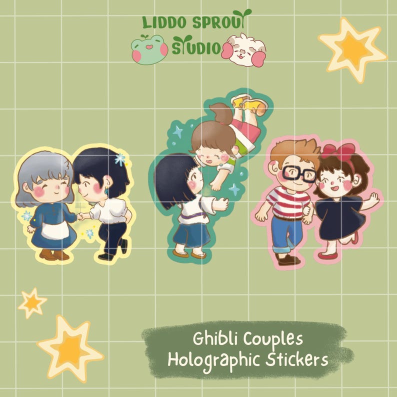 May include: A set of three die-cut stickers featuring illustrated couples in a cartoon style. The text LIDDO SPROUT STUDIO is at the top, and Ghibli Couples Holographic Stickers is at the bottom. The stickers are arranged on a light green grid.