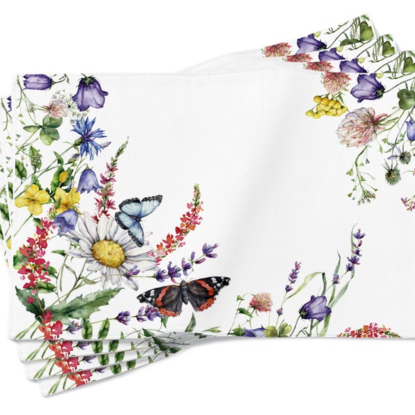 Denutse Placemats Set of 4 Author Work Double-sided Butterfly Eco Flowers Spring Summer 100% Cotton 13x19 inch