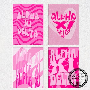 Alpha Xi Delta Poster Set - Set of 4, Custom Alpha Xi Delta Print Set, Pink Alpha Xi Delta Wall Art, Custom Sorority Print Set, Trendy Art