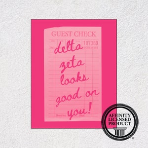 Delta Zeta Print - Custom Delta Zeta Guest Check Poster, Trendy Delta Zeta Wall Art, Pink Delta Zeta Art, Custom Sorority Guest Check Art