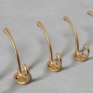 Unlacquered solid brass wall hooks, Classic hooks for towel, hats, coat, vintage hooks for powder room, utility, bathroom, entryway