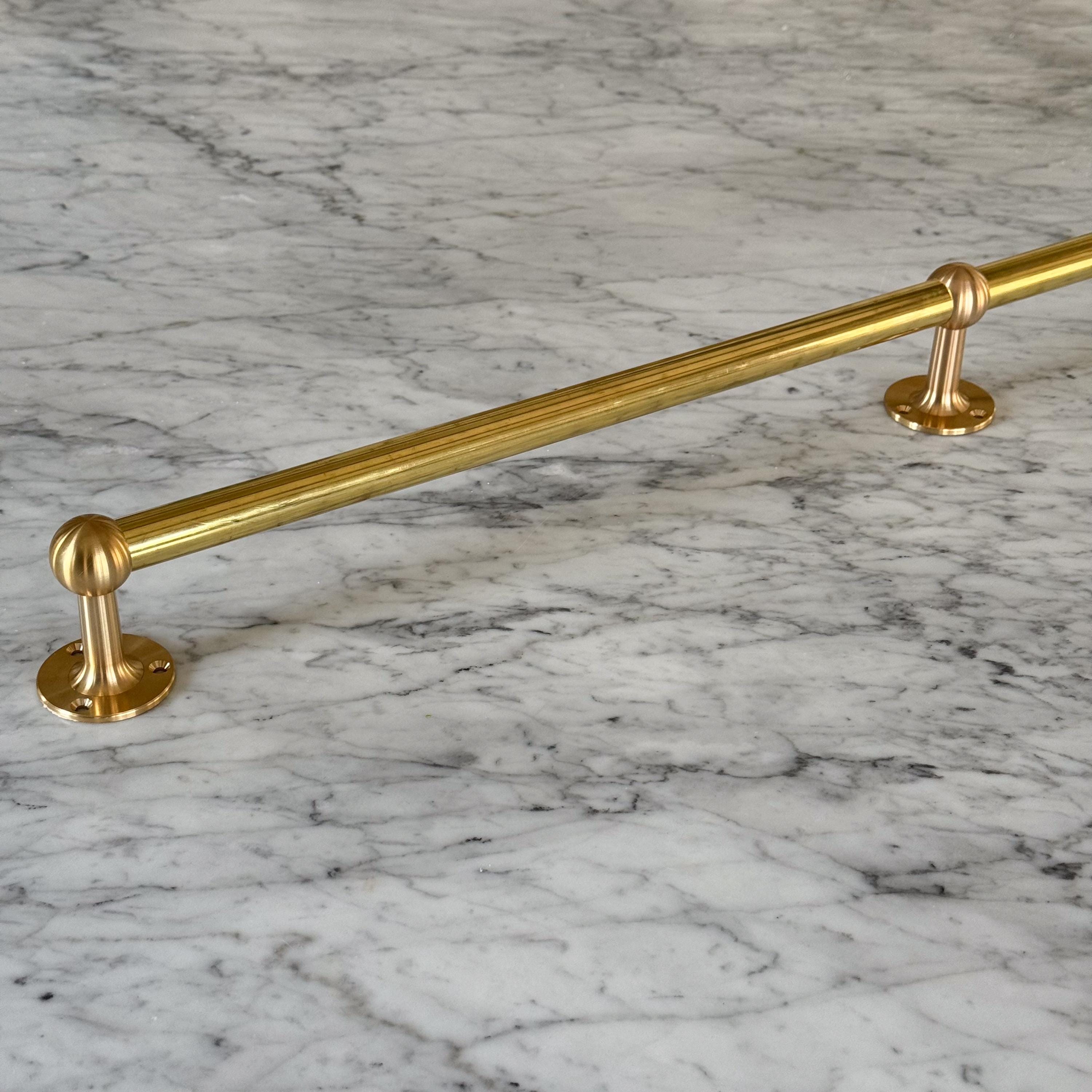 Unlacquered brass pot and pan rail pot holder, brass kitchen rail, brass utensil rail, pot rack, mitten hanging hooks, brass hooks