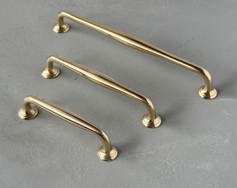 Unlacquered brass AMBLE retro pull handle for kitchen cabinets, drawers, furniture. Brushed brass handles gold handles antique brass handles