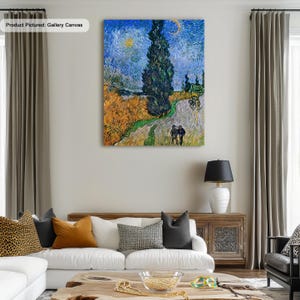Vincent Van Gogh Road avec cyprès et étoile 1890 célèbre toile/affiche reproduction d'art, art mural impressionnisme, peinture d'art moderne