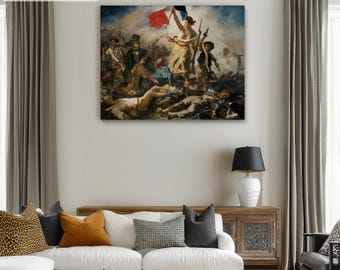 May include: A painting depicting a scene of the French Revolution. A woman in a white dress holds a flag and stands on a pile of bodies. The painting is in a gallery setting.