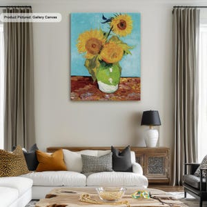 Pintura en lienzo de Jarrón con tres girasoles de Vincent Van Gogh, reproducción de arte con impresión de póster, arte mural impresionista, pintura de arte moderno