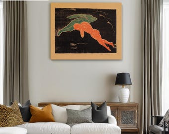 May include: A woodblock print of two figures in a dark background. The figures are in shades of green and orange. The print is framed and hanging on a wall.