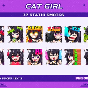 12 Emotes de anime estático de Cat Girl, 12 Emotes de Cat Girl Twitch Discord Youtube Emotes, Emotes de amante de gatos