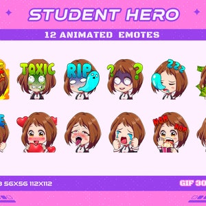 12 Gravity Girl Student Hero Animated Anime Emotes, 12 School Hero Animated Emotes Twitch Discord Youtube Emotes
