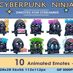 Cyberpunk Ninja Animated Emotes: Twitch, Discord, YouTube (10 Pack)