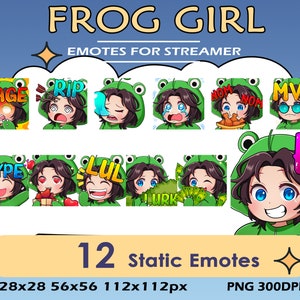 12x Frog Girl Twitch Pack Emotes, Twitch Discord Youtube Emotes para lindos streamers de Frog Girl, Lul, Rage Frog Girl Static Emotes Bundle
