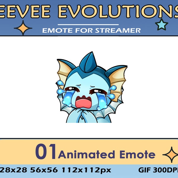 Crying Vaporeon Pokemon Animated Emote, Animated Cry Vaporeon Twitch Discord Youtube Emote, Eevee Evolutions Animated Emote For Youtuber