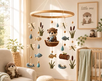 Gehaakte otter babymobiel, wiegmobiel met rivierdieren zoals vissen, libellen en lisdodden, bosdieren babykamerdecoratie, kraamcadeau