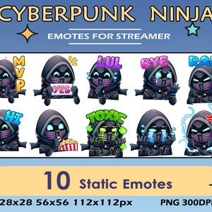 10x Ninja Cyberpunk Twitch Pack Emotes, Twitch Discord Youtube Pack Emotes dla Cyberpunk Ninja Streamers, Ninja Static Emotes Bundle
