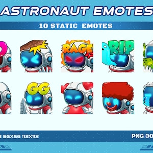 Emoticones estáticos de astronauta, emotes estáticos de astronauta espacial para Twitch, Discord, Youtube y Kick Emoticones