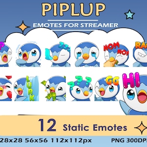 12x Piplup Twitch Pack Emotes, Twitch Discord Youtube Pack Emotes For Cute Piplup Streamers, GG, Hi Piplup Static Emotes Bundle