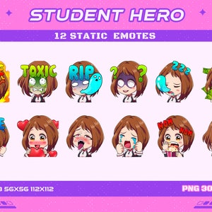 12 Gravity Girl Student Hero Static Anime Emotes, 12 School Hero Static Emotes Twitch Discord Youtube Emotes
