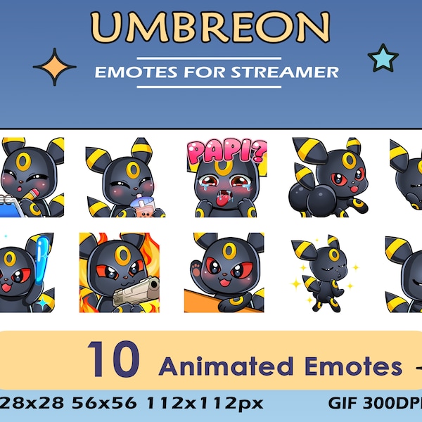 10x Umbreon Twitch Animated Pack Emotes, Twitch Discord Youtube Pack Emotes For Umbreon Streamers, Dance, Gun Umbreon Animated Emotes Bundle