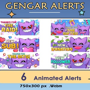 Avvisi Twitch animati di Gengar, Avvisi streaming follower animati, Sub, Donazione, Raid, Bit, Gifted, File Webm, Avvisi Twitch Gengar