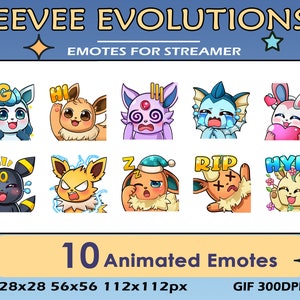 Eevee Evolutions 10 emote animate per streamer, Pokemon Twitch Discord Youtube Pack emote per streamer, pacchetto emote animate Pokemon