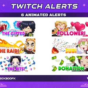 6 Demon Anime Twitch Animated Alerts, New Sub New Donation New Follower, Raid Bits Gifted Webm Stream Overlay Anime Animated Alert