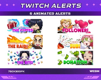 6 Demon Anime Twitch Animated Alerts, New Sub New Donation New Follower, Raid Bits Gifted Webm Stream Overlay Anime Animated Alert