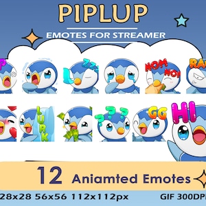 12x Piplup Twitch Animated Pack Emotes, Twitch Discord Youtube Pack Emotes For Piplup Streamers, Rage, Sleep Piplup Animated Emotes Bundle
