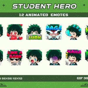 12 Powerful Busts Student Hero Animated Anime Emotes, 12 School Hero Animated Emotes Twitch Discord Youtube Emotes