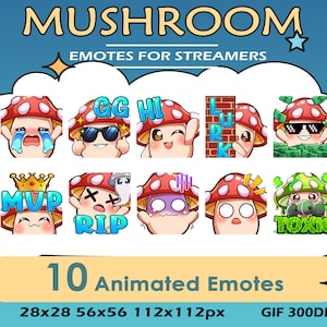 Mushroom 10 Animated Emotes For Streamer, Twitch Discord Emotes For Mushroom Streamers, Mushroom Animated Emotes Bundle