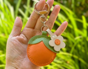 Leather Orange Keychain, Handmade Fruit Bag Charm, Cute Purse Accessory, Gift for Her