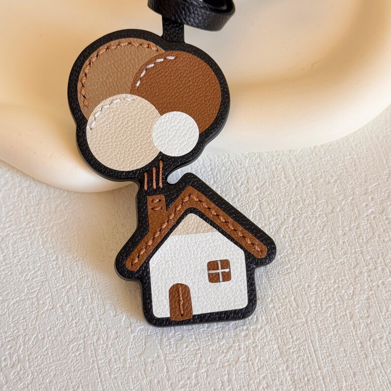 Handmade Leather Bag Charm, Cottage House & Balloon Keychain image 8