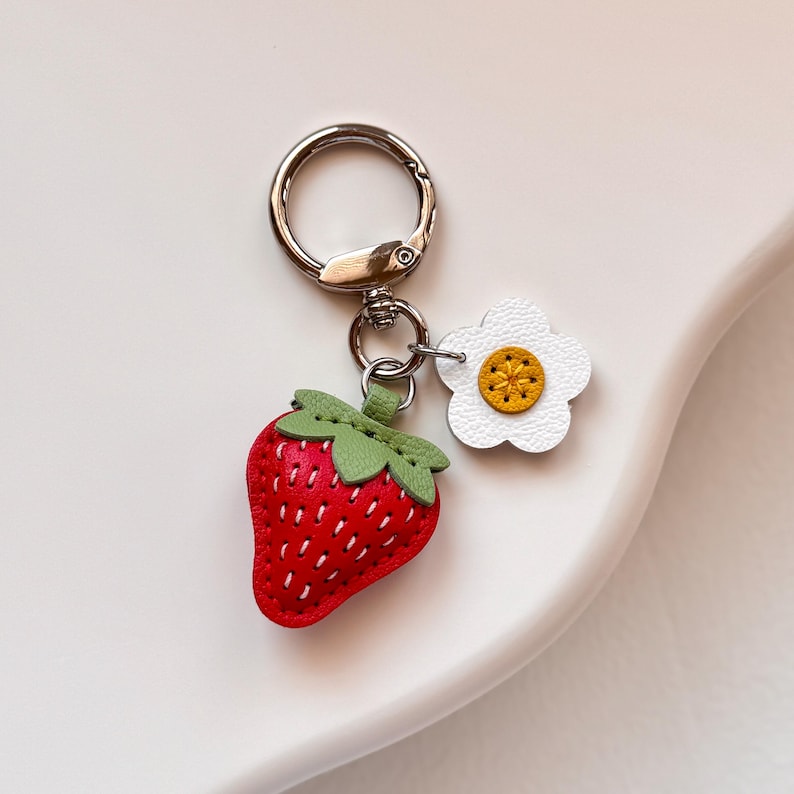 Leather Strawberry Keychain, Handmade Fruit Bag Charm, Cute Purse Accessory, Gift for Her image 5