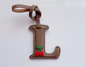 Personalized Leather Initial Bag Charm, Cherry Letter Purse Charm, Handmade Alphabet Keychain, Gift for Her