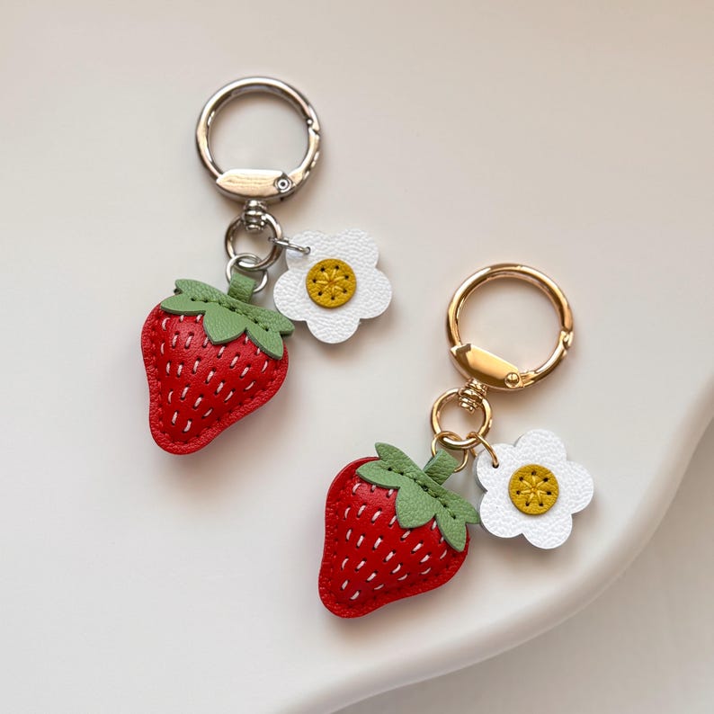 Leather Strawberry Keychain, Handmade Fruit Bag Charm, Cute Purse Accessory, Gift for Her image 3