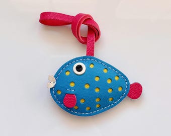 Personalized Blue Puffer Fish Keychain, Handcrafted French Goat Leather Bag Charm