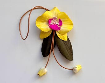 Yellow Orchid Leather Bag Charm, Handmade Flower Purse Charm, Floral Handbag Accessory, Gift for Her
