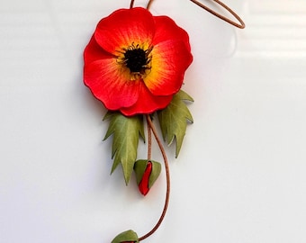 Handmade Red Leather Flower Bag Charm, Floral Purse Charm, Elegant Handbag Accessory