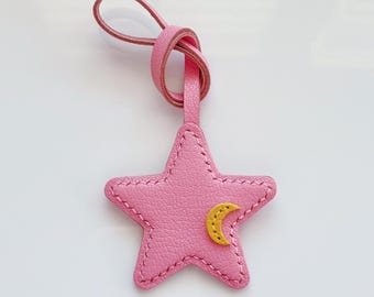 Charm para bolso de cuero hecho a mano con forma de estrella y luna, charm celestial para bolso, lindo accesorio para bolso